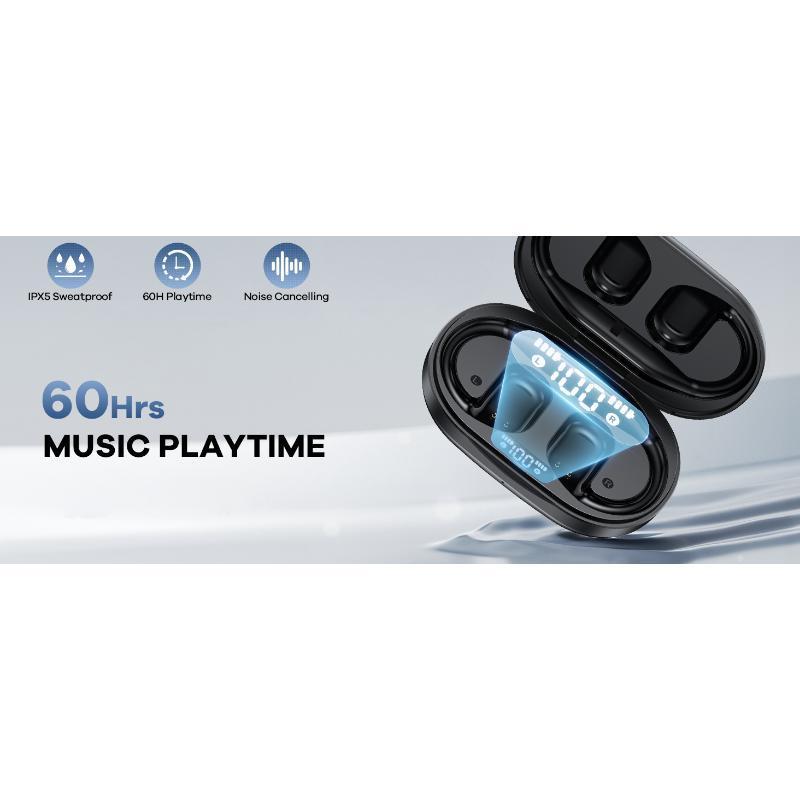 Open Ear Headphones Wireless Bluetooth, 60hrs Play 8D Sound Earphone Sport Earbuds with LED Display Over-Ear Buds Earhooks Built-in Mic Headset for Running Workout Driving