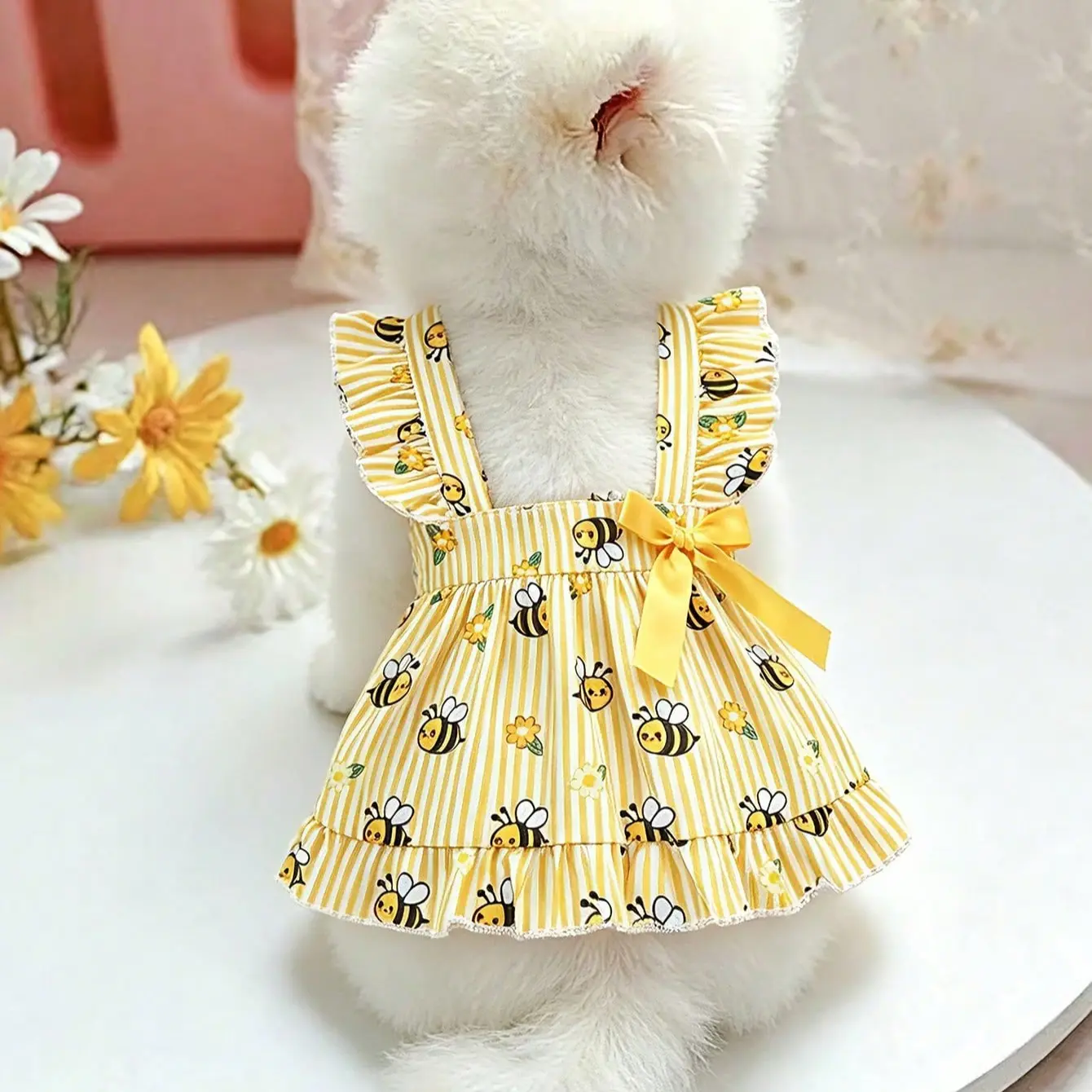 Small Bee Print Pet Halter Dress, Cute Striped Satin Bow Ruffle Mini Dog Cat Dress, Stylish Animal for Small Pets