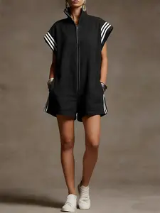 Women's Summer Sleeveless Romper, Zip-Up Stand Collar Striped Colorblock Fashion Design, Ideal for Daily Wear and Outdoor Activities