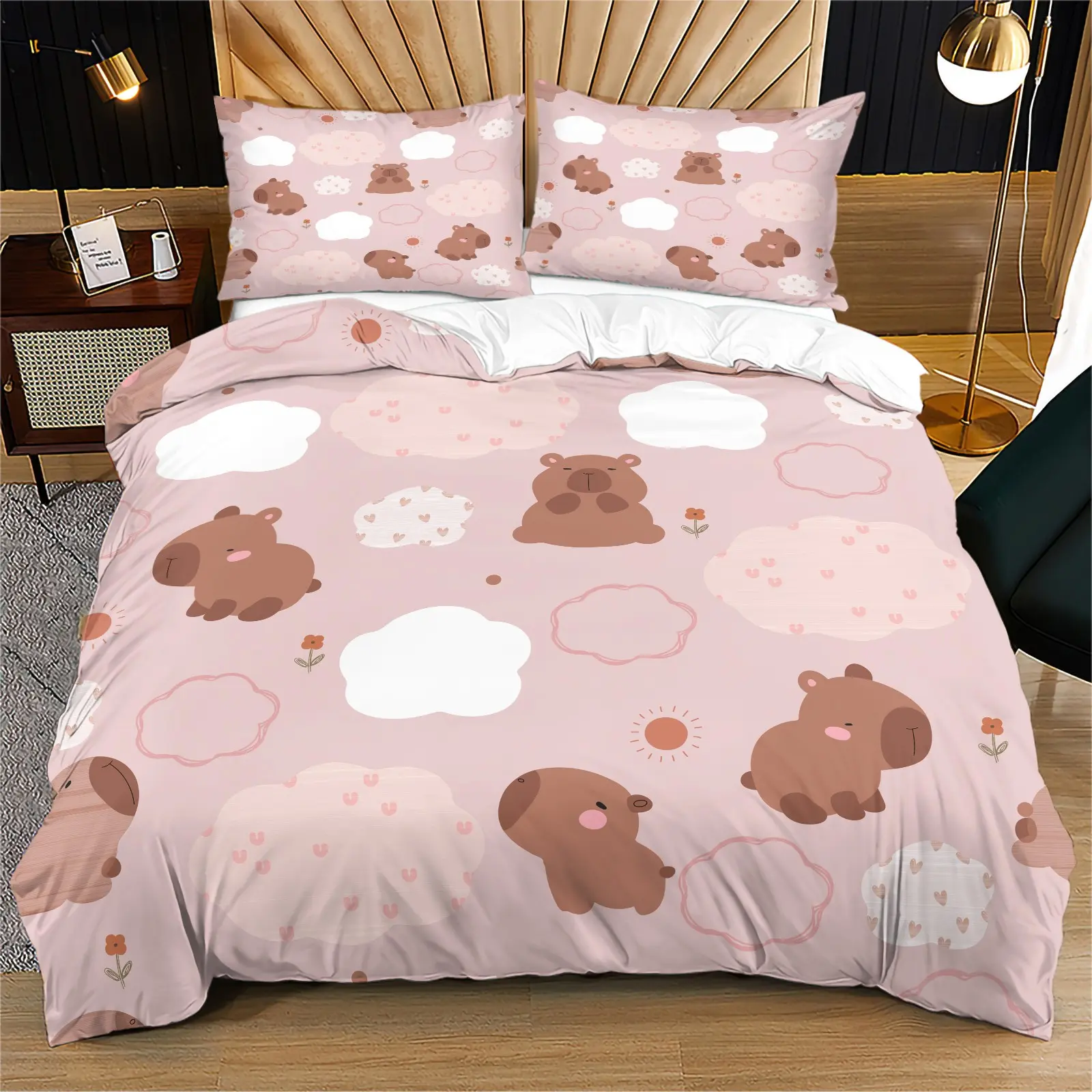 Cute Cartoon Capybara Cloud Floral Print Duvet Cover Set, Sweet Pink Background Kawaii Rodent Pattern Bedding Set, Soft Breathable Washable Bed Cover With Zipper & Corner Ties, Includes 2 Pillowcases - without Core, Comfy Bedding Set