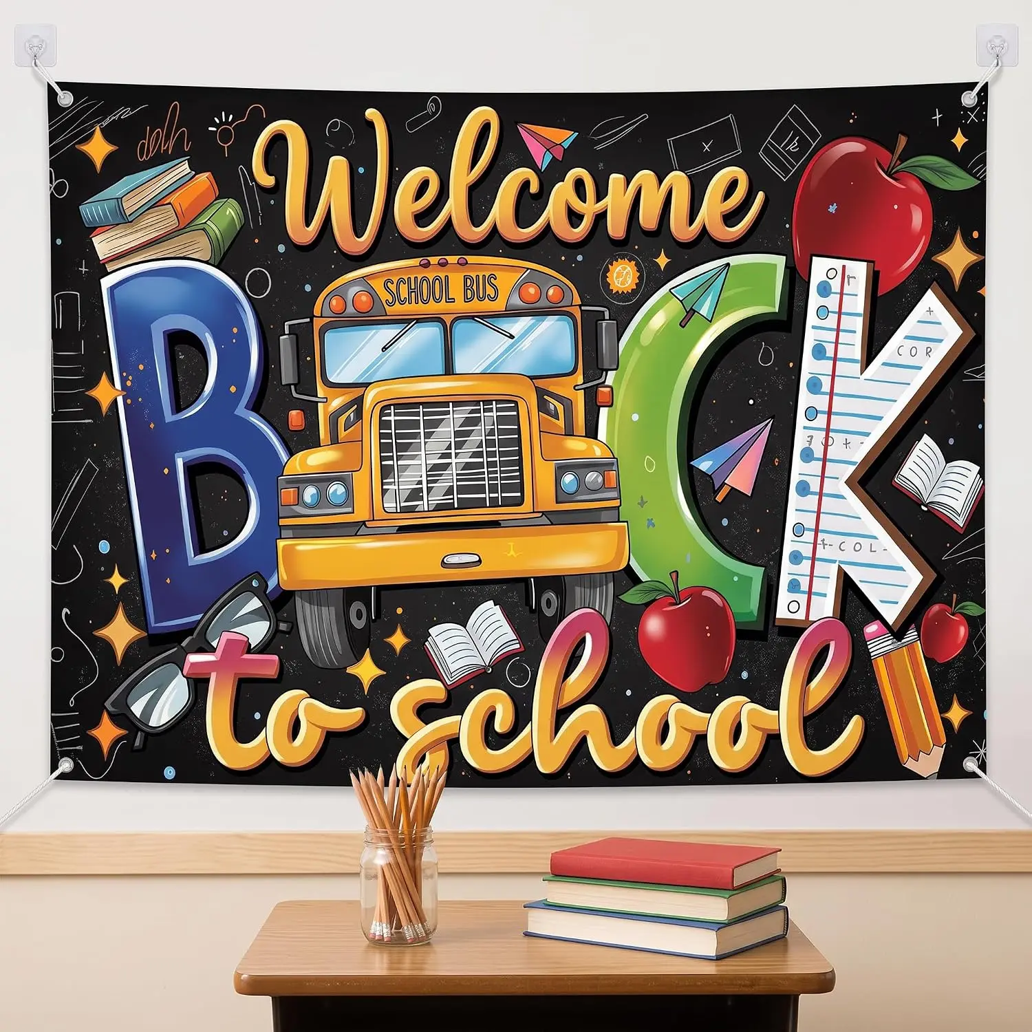 Back to School Banner Welcome, Yellow Bus Backdrop for Classroom Wall Decor | Chalkboard school bus design, welcome students at classroom doors, first day photo booth, elementary party theme