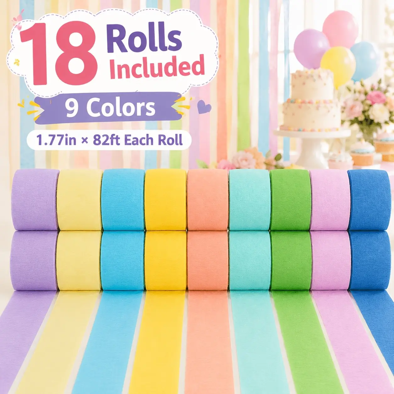 18 Rolls Pastel Crepe Paper Streamers, 656ft Crepe Ribbon Garland for Birthday Party, Wedding, Baby Shower, Holiday Celebration, DIY Gift Wrapping, Wedding Party Supplies