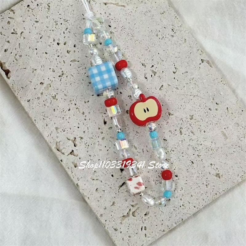Korean Cute Apple Pearl Beaded Phone Charms Chain For iPhone 16 15  Accessories Phone Strap Anti-Lost Lanyard Hanging Rope Girl