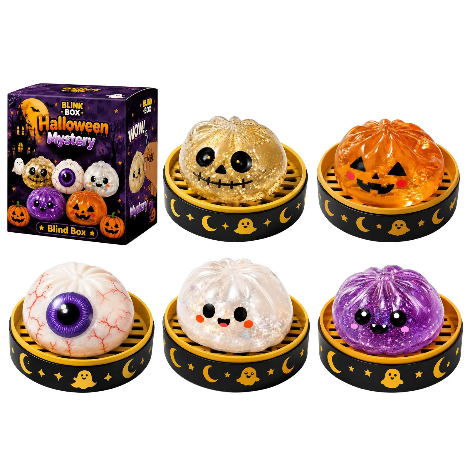 Halloween Pumpkin Head Squeezable Maltose Stress Relief Toy with Glitter and Creative Design