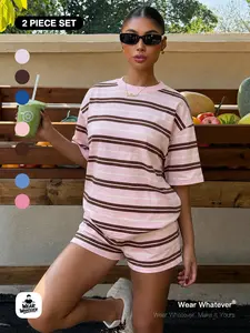 | 2-Piece Set | Coffee Latte Striped Short Sleeve + Shorts, Summer Loose Fit Casual, American Relax Style Home & Outdoor Ootd