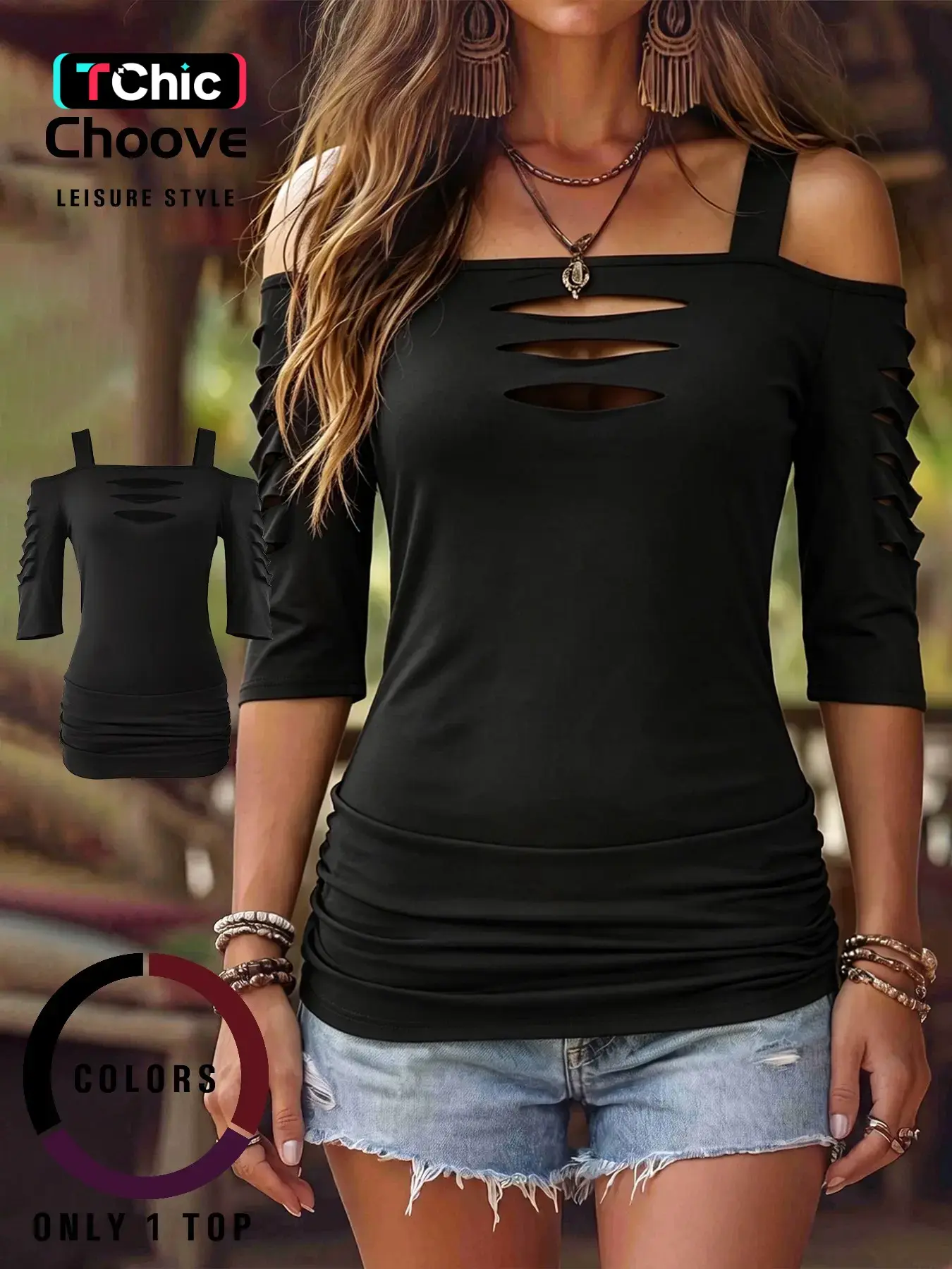 Women's Cut Out Shoulder Three Quarter Sleeve T-Shirt, Side Ruched Design, Soft Elastic Fabric, Casual Daily Wear