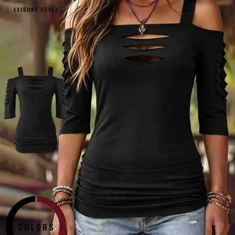 Choove Women's Cold Shoulder 3/4 Sleeve Top, Cutout Strap Detail and Ruched Sides, Slim Fit Going Out Shirt