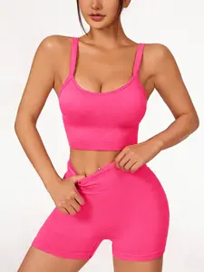 Dragonfruit Color Backless Yoga Set, High Waist Butt Lifting Gym Shorts, Thin Straps Fitness Underwear Two-Piece Set