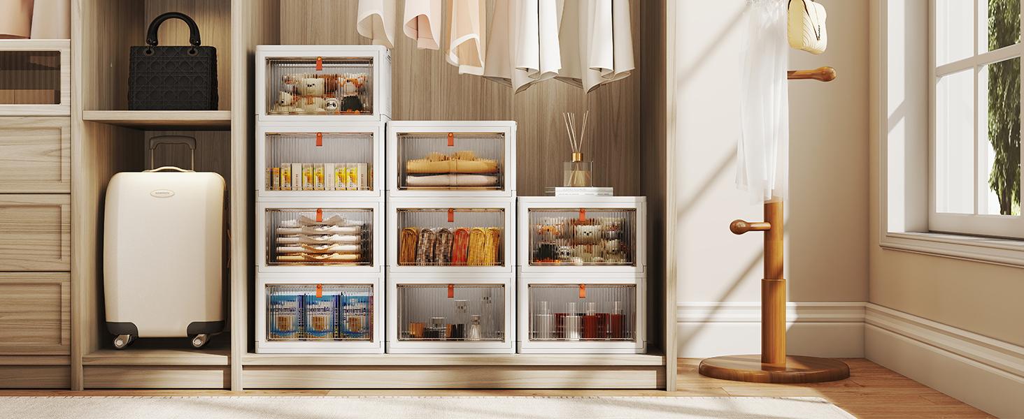 4 Tier Stackable Plastic Storage Bins with Lid and Wheels - 23 QT Closet Organizers and Storage, Foldable Storage Containers, Organization and Storage Boxes for Craft, Home, Pantry, Dorm, Grey