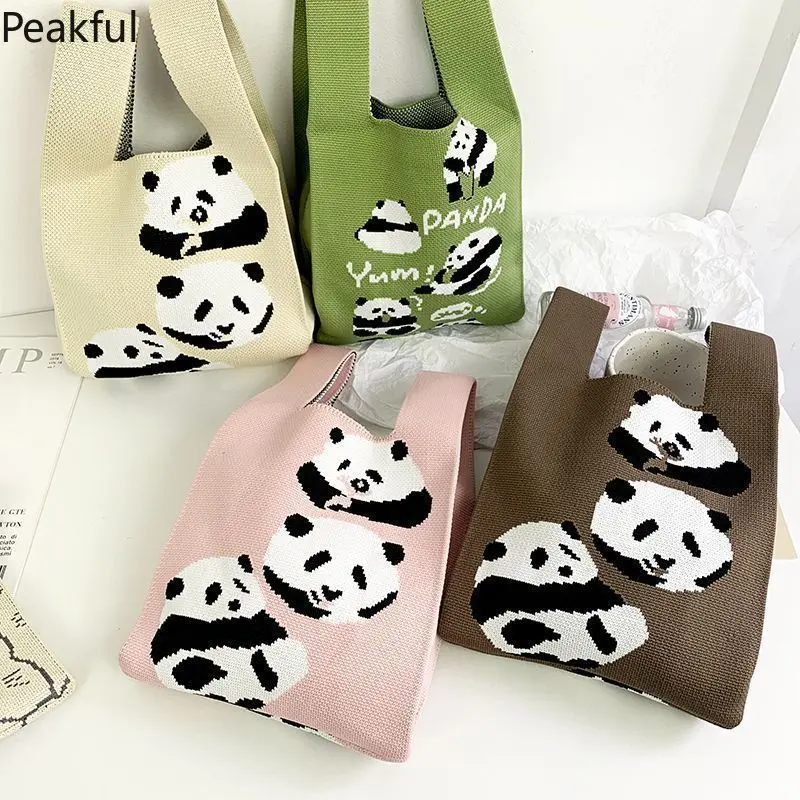 Women's knit tote bags | Viral panda print mini knit tote with top handles | Niche lightweight everyday woven shoulder bag | Adorable panda graphics, soft & roomy, perfect for coffee runs, school days and casual errand trips