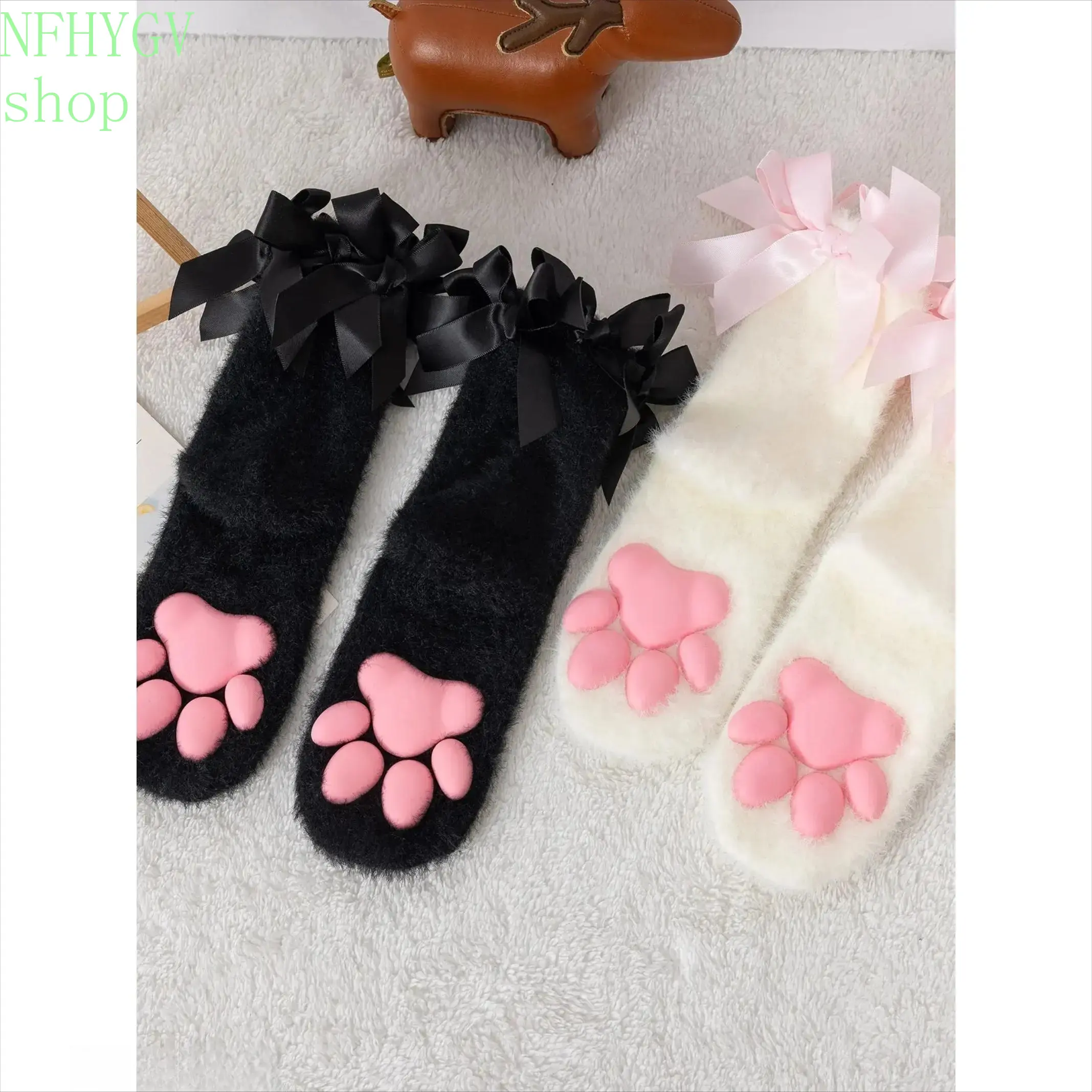 Women’s Plain Lolita Socks, Thick Plush Thermal Hosiery Decorated With Butterfly Knot Detail For Winter Daily Styling And Holiday Occasion Wear