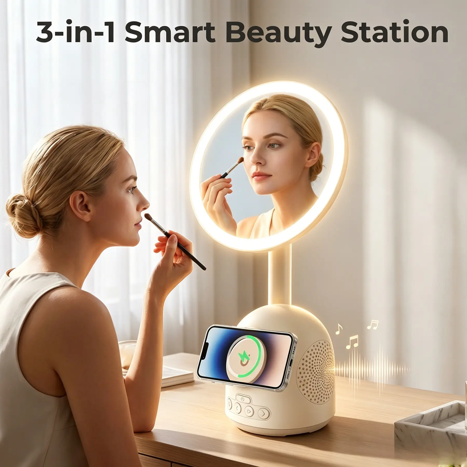 Vanity Mirror with Lights, Smart Mirror, Led Illuminated Mirror, LED Makeup Mirror with Phone Charger and Bluetooth Audio, Lighted Makeup Mirror 3 Colors & Stepless Dimming, for Makeup Desk, Bedroom, Dressing Room & Daily Use, Idear Gift for he