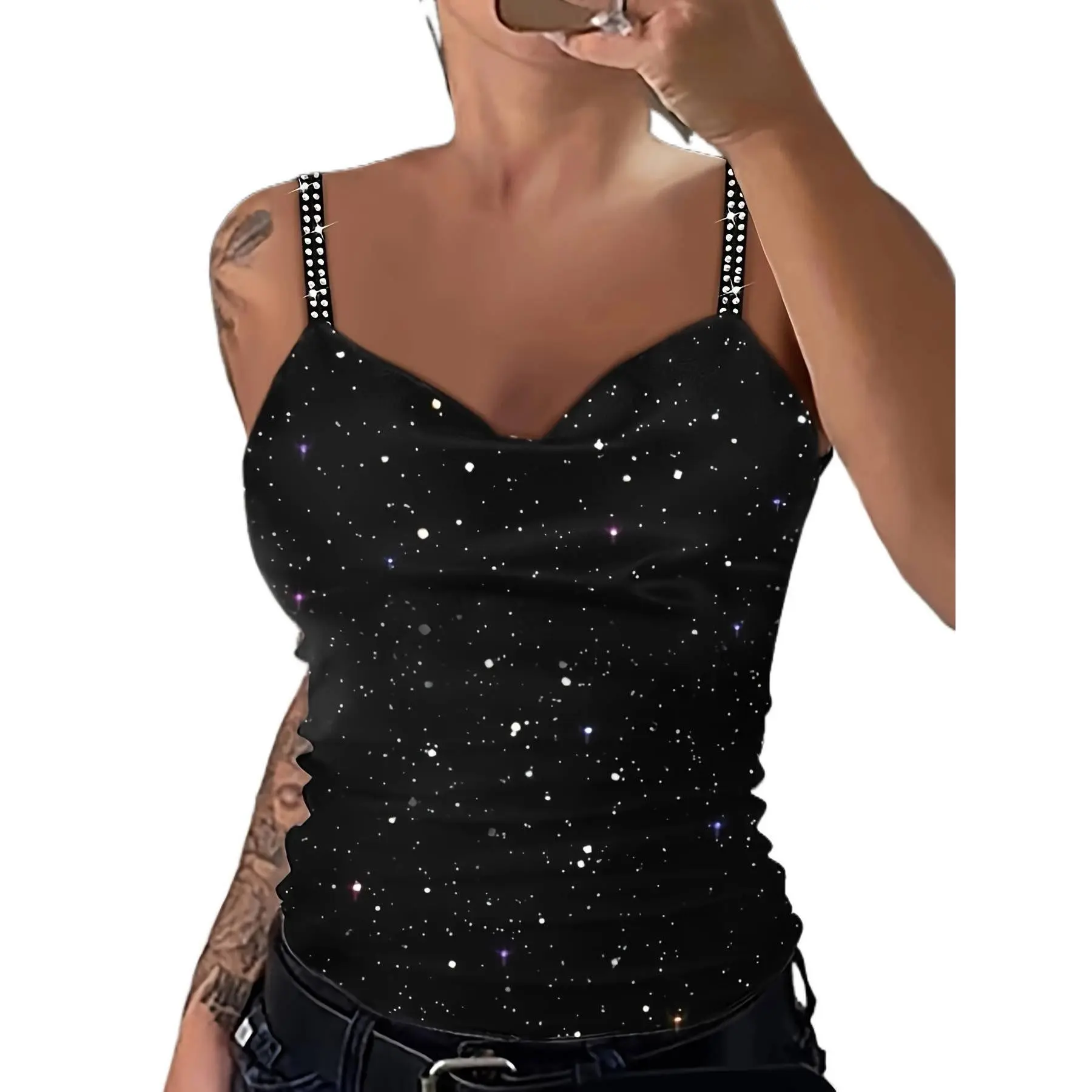 New Rhinestone Strap Sequin Camisole for Women, Fashionable and Sexy Top, Glitter Sequined Rhinestone Strap Camis for Evening Gatherings, Vacations, Street Photos, Elegant Slim Women's Daily Camis Top