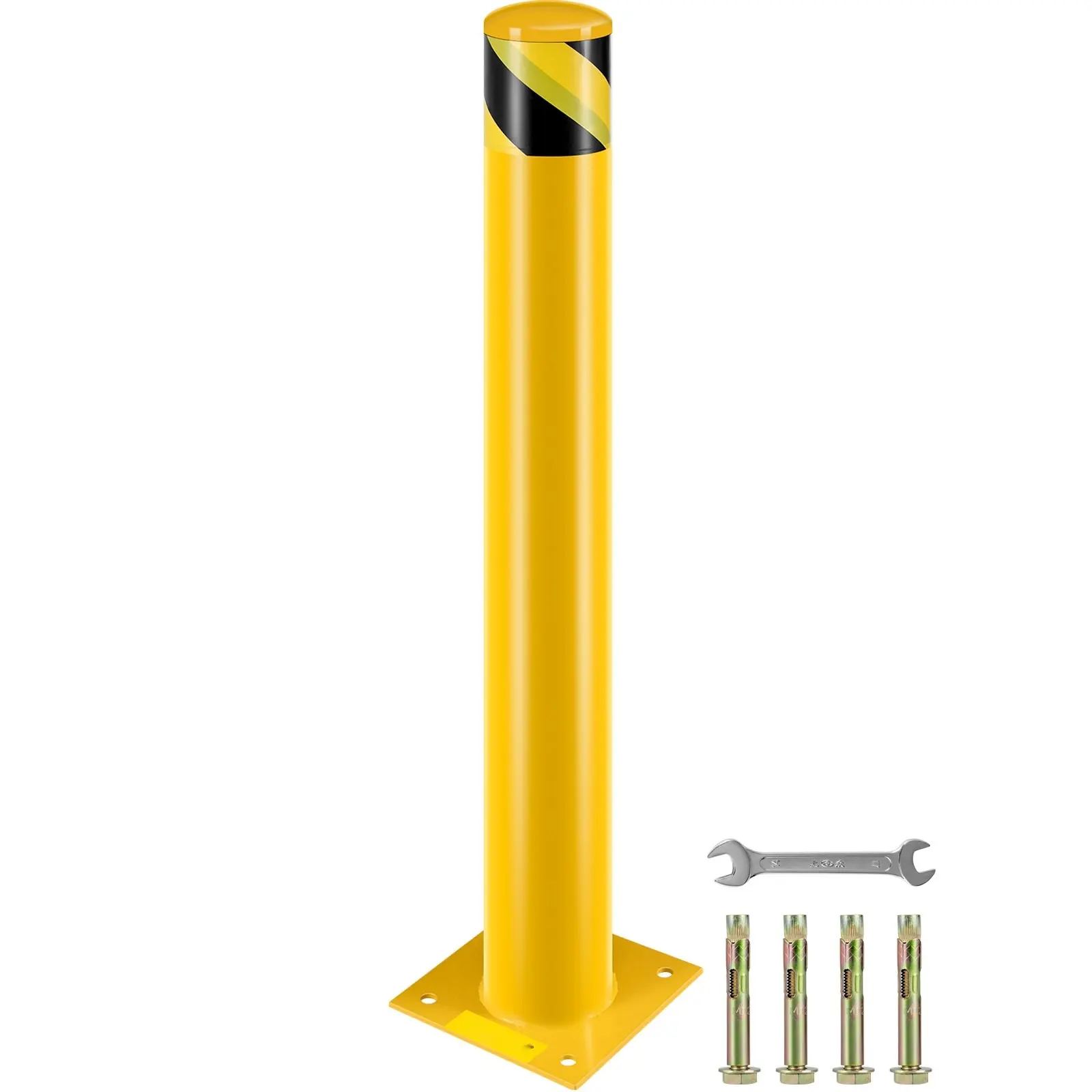 Yellow Powder Coated Steel Bollard Barrier, 4-1/2" OD, 36" Height, Grade Traffic Safety Barrier For Parking Lots And Restricted Areas, Weather Resistant Pipe Steel, Includes Four Free Anchor Bolts, Durable Outdoor Barrier