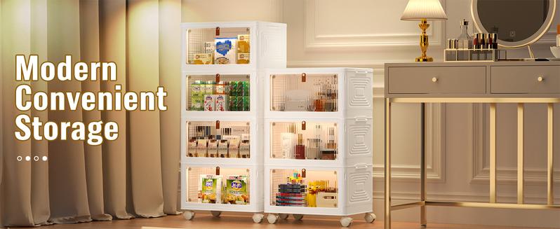 4-Tier Stackable Plastic Storage Bins Organizer, 93 Qt Total Capacity, Foldable Storage Boxes with Lids & Wheels, Translucent Front Door for Bedroom, Living Room, Office