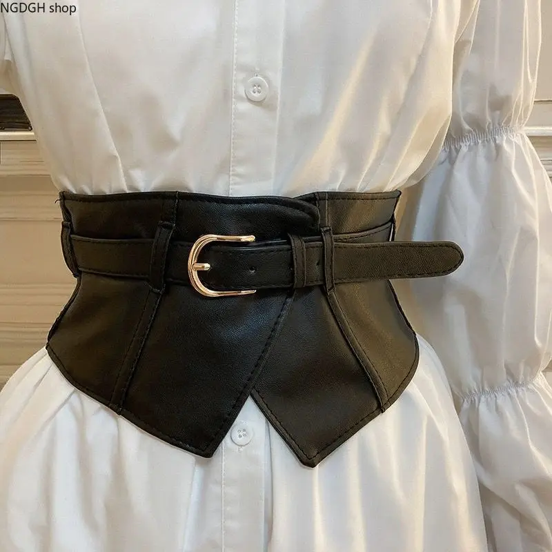 Women's Faux Leather Wide Corset Adjustable Belt - Vintage Irregular V-Hem Cinch Waist Accessory with Metal Pin Buckle for Tunic Shirts, Dresses, Daily Outfits & Party Wear, Irregular Hem