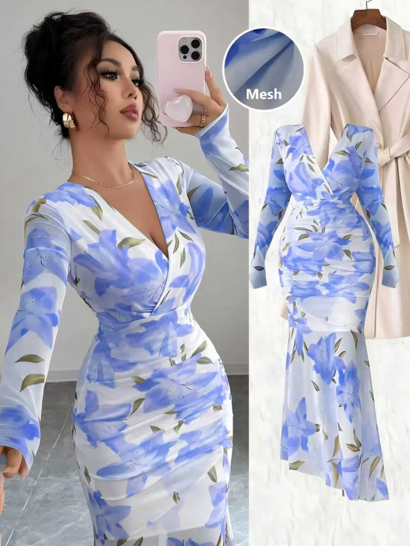 New Elegant Floral Print Mesh Sexy V-Neck Pleated Waist Fish Tail Hem Long Sleeve Bodycon Mermaid Dress, Trendy Chic Women's Fashion