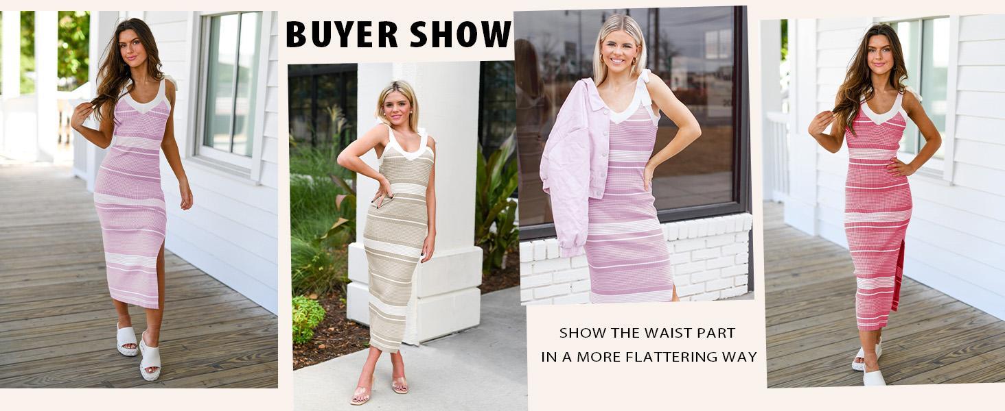 Goranbon Womens Summer Midi Bodycon Sweater Dress Sexy V Neck Tie Shoulder Striped Knit Side Slit Sleeveless Tank Dresses