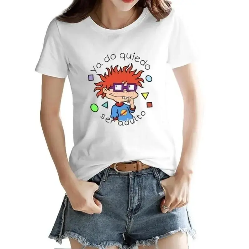 Vintage Chuckie Finster Ya No Quiero Ser Adulto Spanish Quote Graphic Women Cotton T-Shirt, Viral TikTok Latina Rugrats Cartoon Nostalgia Print Casual White Short Sleeve Y2K Aesthetic Ladies Daily Tee