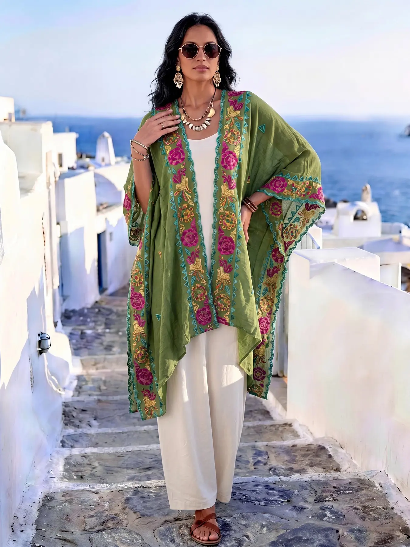 Boho Geometric Embroidered Split Shawl, Loose Fit Conceals Fat, Versatile for Beach, Commute, Dates, Perfect Styling, All Season Shawl