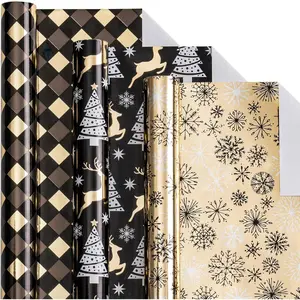 Black Gold Christmas Wrapping Paper Mini Roll, Reindeer Snowflake Tree Grid Metallic Foil Holiday Gift Wrap, DIY Craft, for Xmas Winter Party, 17 x 120 inches, 3 Rolls