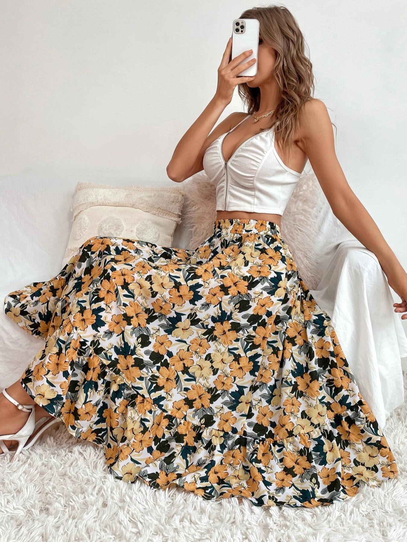 Women's Floral Print Ruffle Hem Elastic Waist Midi Skirt, Summer Clothes Women, Boho Romantic A Line Skirt for Daily Holiday Vacation Wear, Ladies Bottoms for Spring Fall