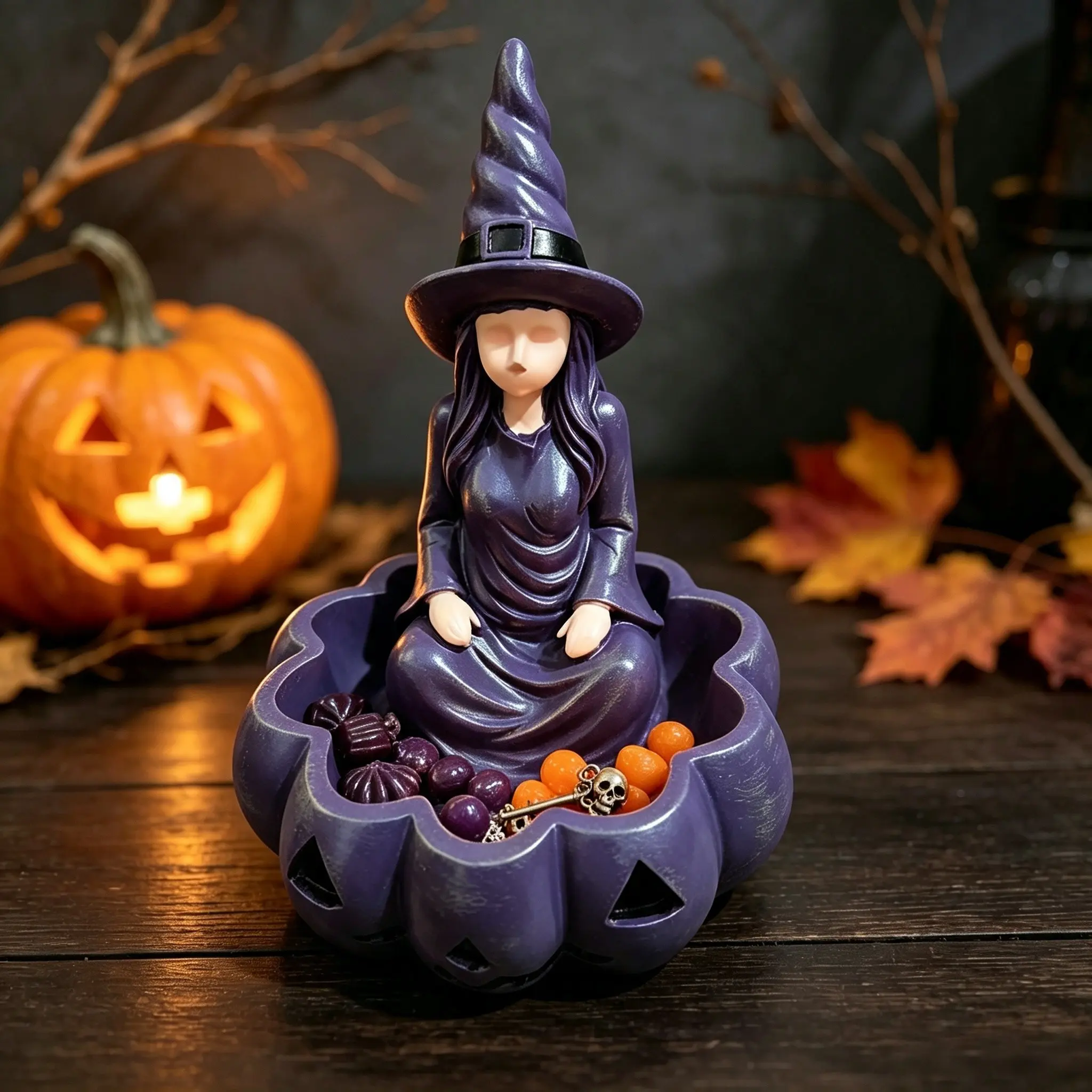 1PC Halloween Purple Witch Pumpkin-shaped Storage Tray, Gothic Witch Statue Jewelry Tray Tabletop Decoration, Resin Desktop Decor Ornament