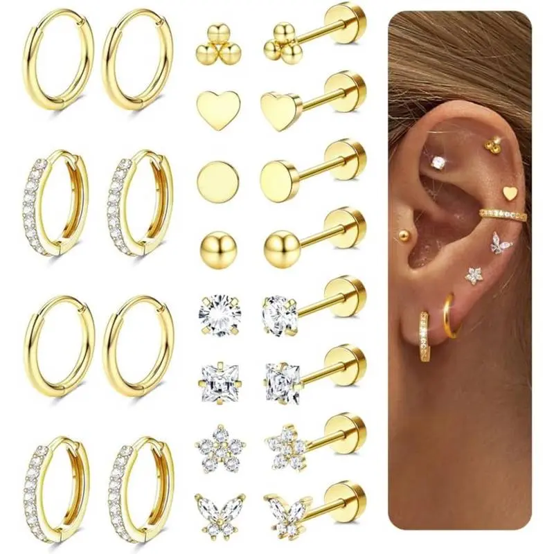 12 Pairs Hypoallergenic Flat Back Cartilage Earring Set for Women Men, 14K Gold Plated 316L Surgical Steel Stud & Hoop Earrings, Small Piercing Jewelry for Multiple Piercings