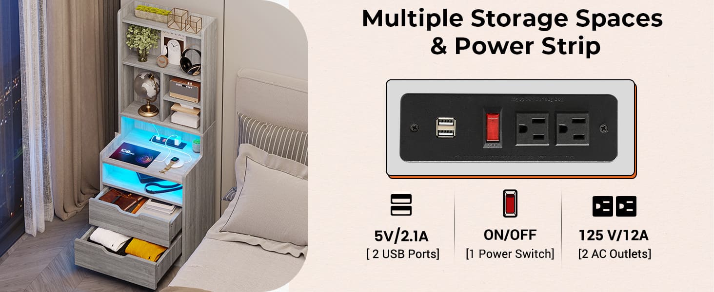 Sikaic LED Tall Nightstand with Bookshelf Charging Station Grey Modern Side Table Bedside Cabinet RGB LED Lights 2 USB Ports & 2 Power Outlets for Bedrooms and Living Rooms