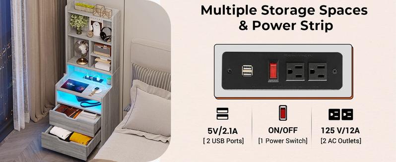 Sikaic LED Tall Nightstand with Bookshelf Charging Station Grey Modern Side Table Bedside Cabinet RGB LED Lights 2 USB Ports & 2 Power Outlets for Bedrooms and Living Rooms