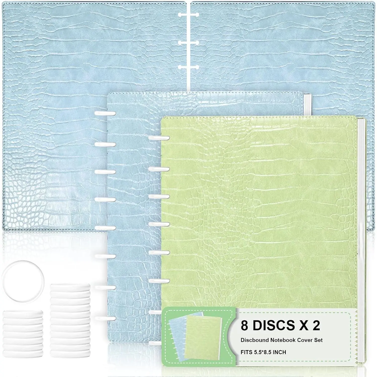 2 Pack Pu Leather 5.5x8.5in Discbound Notebook Cover And Disc Set Discbound Planner Cover With 16 count Expansion Discs Junior Size Disc Bound Notebook Accessories(Blue&Green;No Inner Paper)