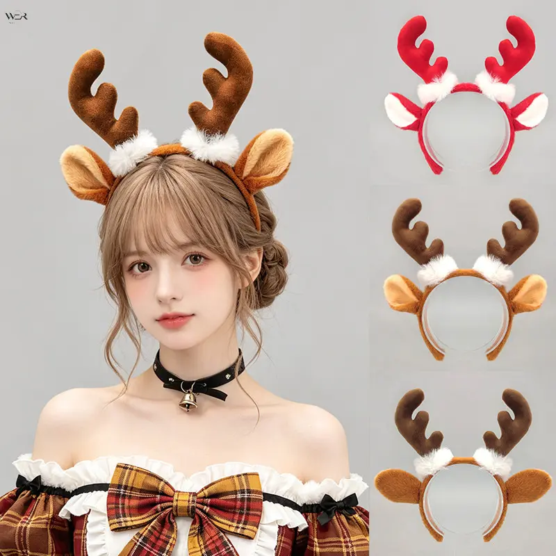 Christmas Reindeer Antlers Headband, Plush Deer Ear Hair Hoop with White Faux Fur Trim, Xmas Party Cosplay Costume Hair Accessory for Women Girls