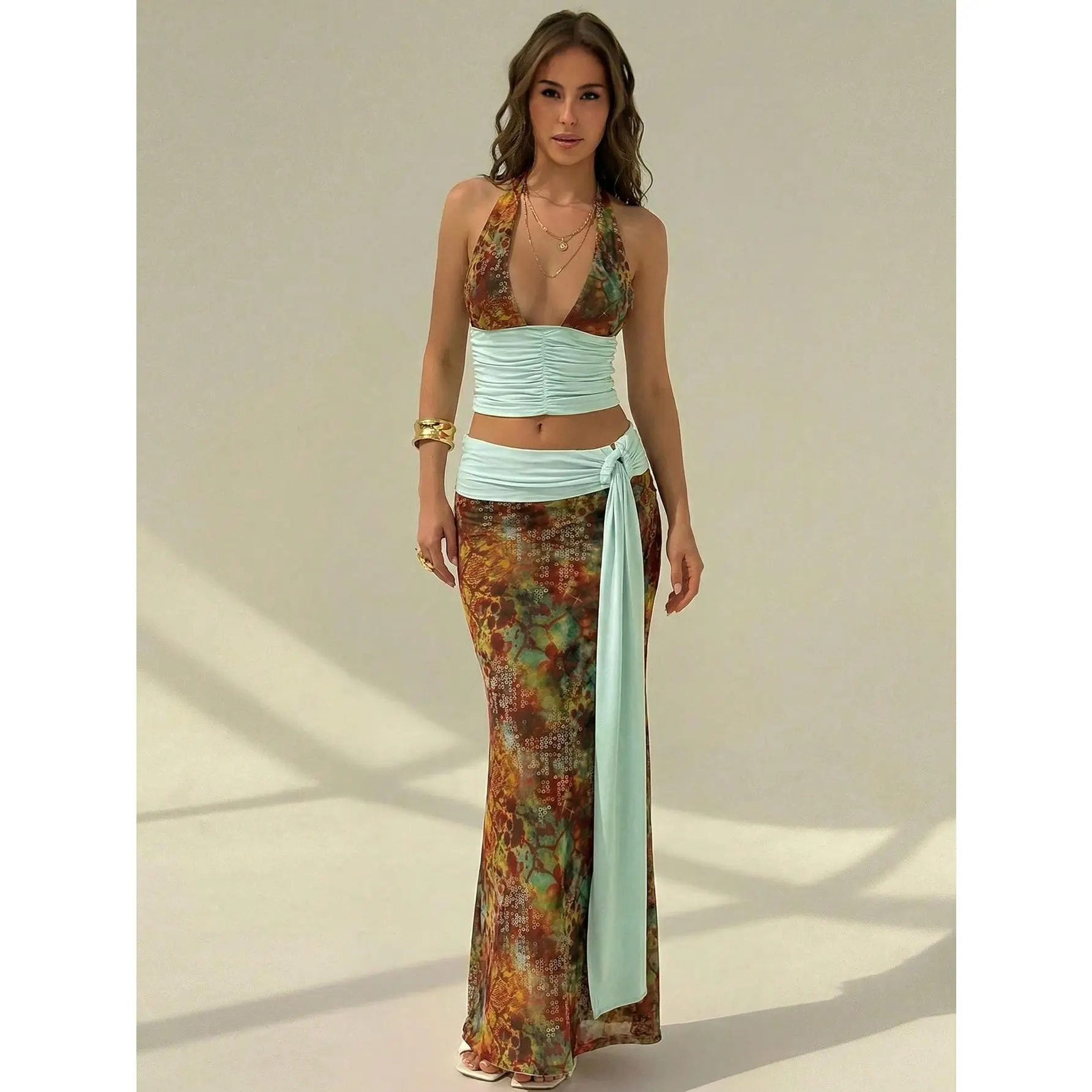 Women's 2 Piece Boho Floral Skirt Set, Chic Strappy Halter Crop Top and Stretchy Ruched Bodycon Maxi Skirt, 2 Piece Sets, Two Piece Sets Women