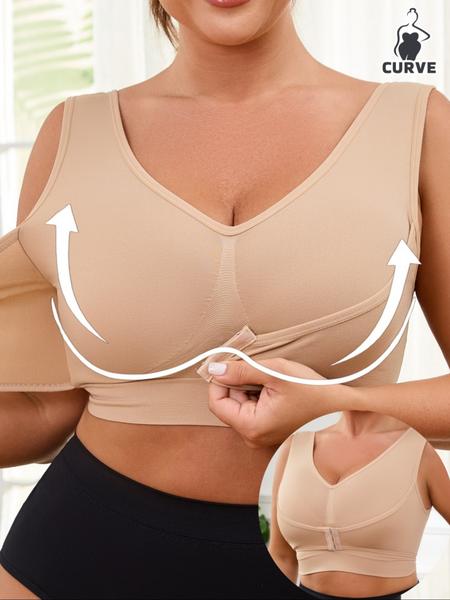 【Plus Size】 Solid Color Push Up Wide Strap Bra, Women's Comfortable Breathable Soft Stretch Bra,No Padding,Front Chest Buckles Design,Women's Lingerie for All Seasons,Ladies Knitted Underwear For Daily or Any Occasion