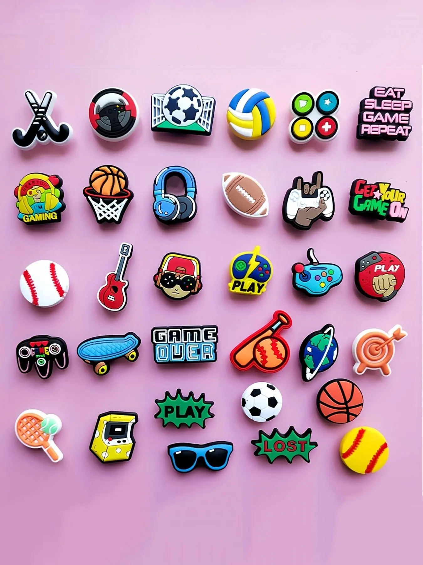 32-Piece Gaming Sports Mixed Theme Shoe Accessories Set, Game Controller Ball Skateboard Earphone Soft Gel Decorative Shoe Covers, Shoe Decoration Charms For Sneakers