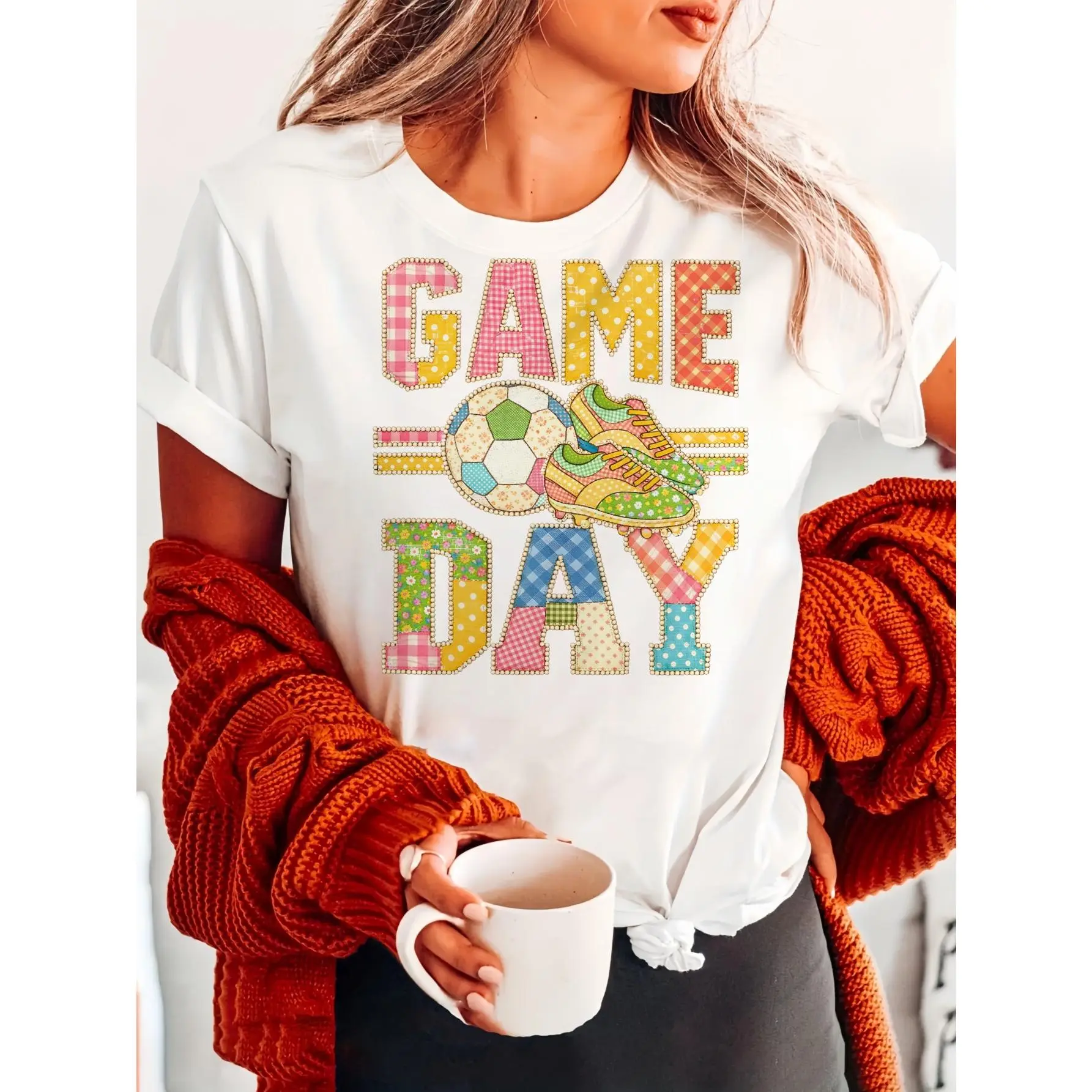Women's Soccer & Football T-Shirt - Casual Patchwork Sneakers & Cleat Graphic Round Neck Top, Gift Suitable for Fans, Mom, Game Day Outfits, Spring Summer Fall Wear, Regular Fit Apparel