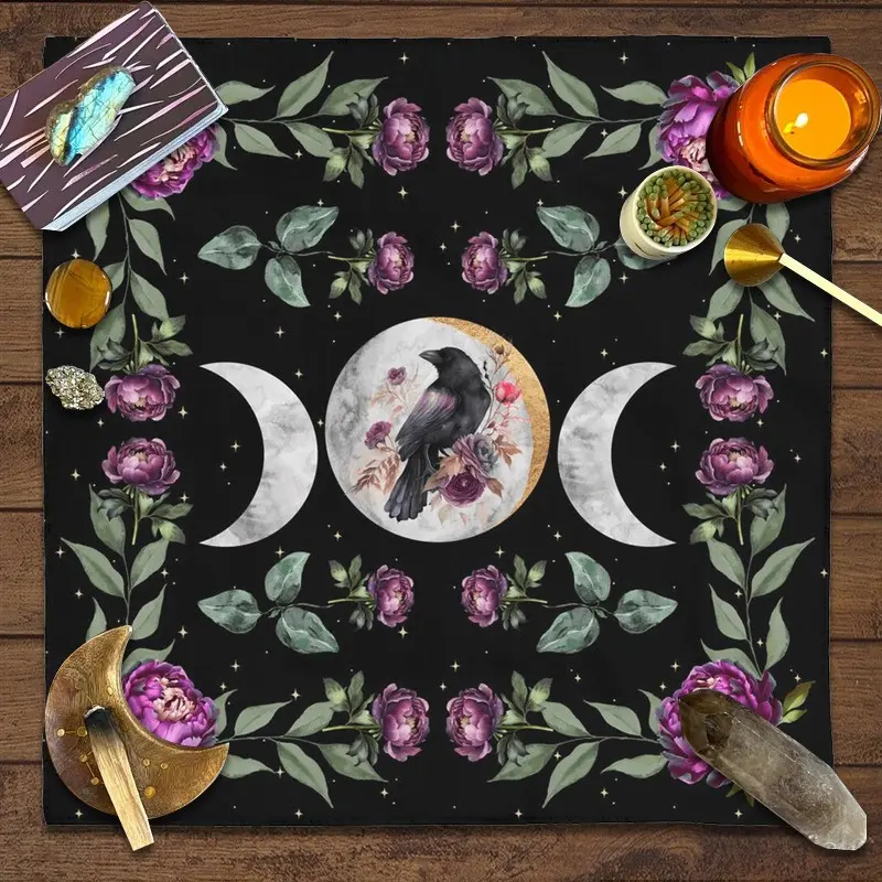 1pc Triple Moon Raven Tarot Cloth Gothic Purple Peony Floral Botanical Altar Mat Black Background Square Divination Table Cloth Soft Fabric Tarot Spread Tapestry Witchy Spiritual Room Decor Gift