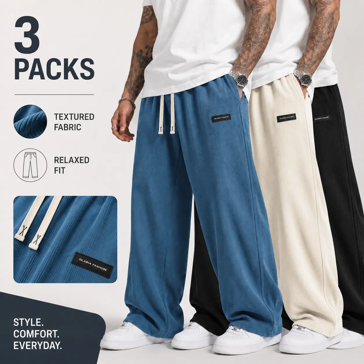 Men's Everyday Corduroy Pants, Wide Leg Baggy Drawstring Lounge Trousers, Soft Textured Loose Fit Sweatpants for Men, Breathable Casual Streetwear Bottoms, Comfortable Relaxed Pants for Home, Travel, Gym, Outdoor Wear Fashion Style, Modern Style