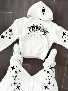 Y2K Gothic Punk Two-Piece Hoodie Set, Unisex Oversized Hoodie & Sweatpants Matching Outfit. Full-body white star prints, sharp metallic letter graphic on the chest, drawstring hood, kangaroo pocket, thickened soft loose stretch matching tracksuit. Casual