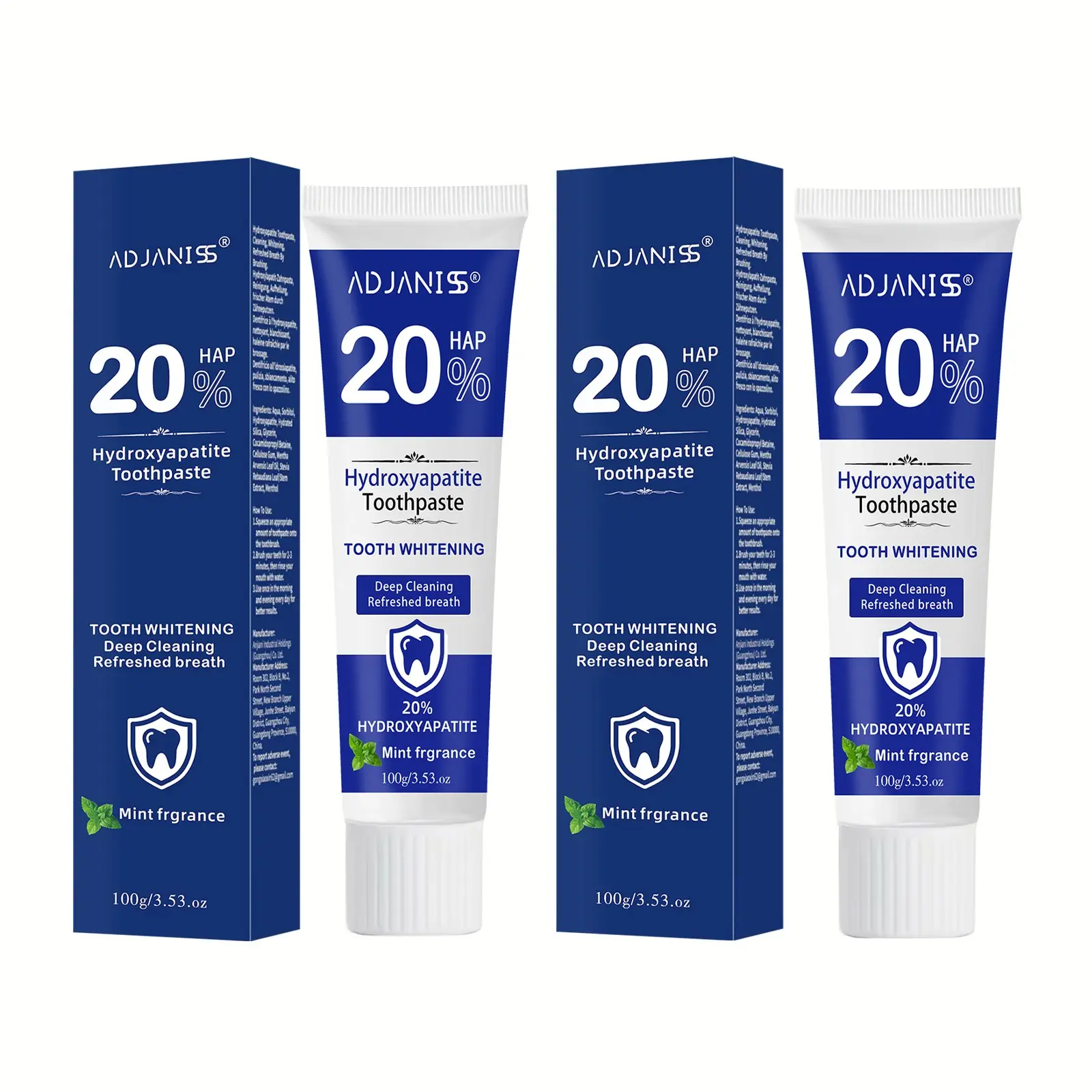 2pcs 20% Hydroxyapatite Toothpaste, Moisturizes Mouth, Reduces Odor, Fresh Breath, Fluoride-Free Gentle Care, Fluoride Free Formula, 100g, Multi-Pack