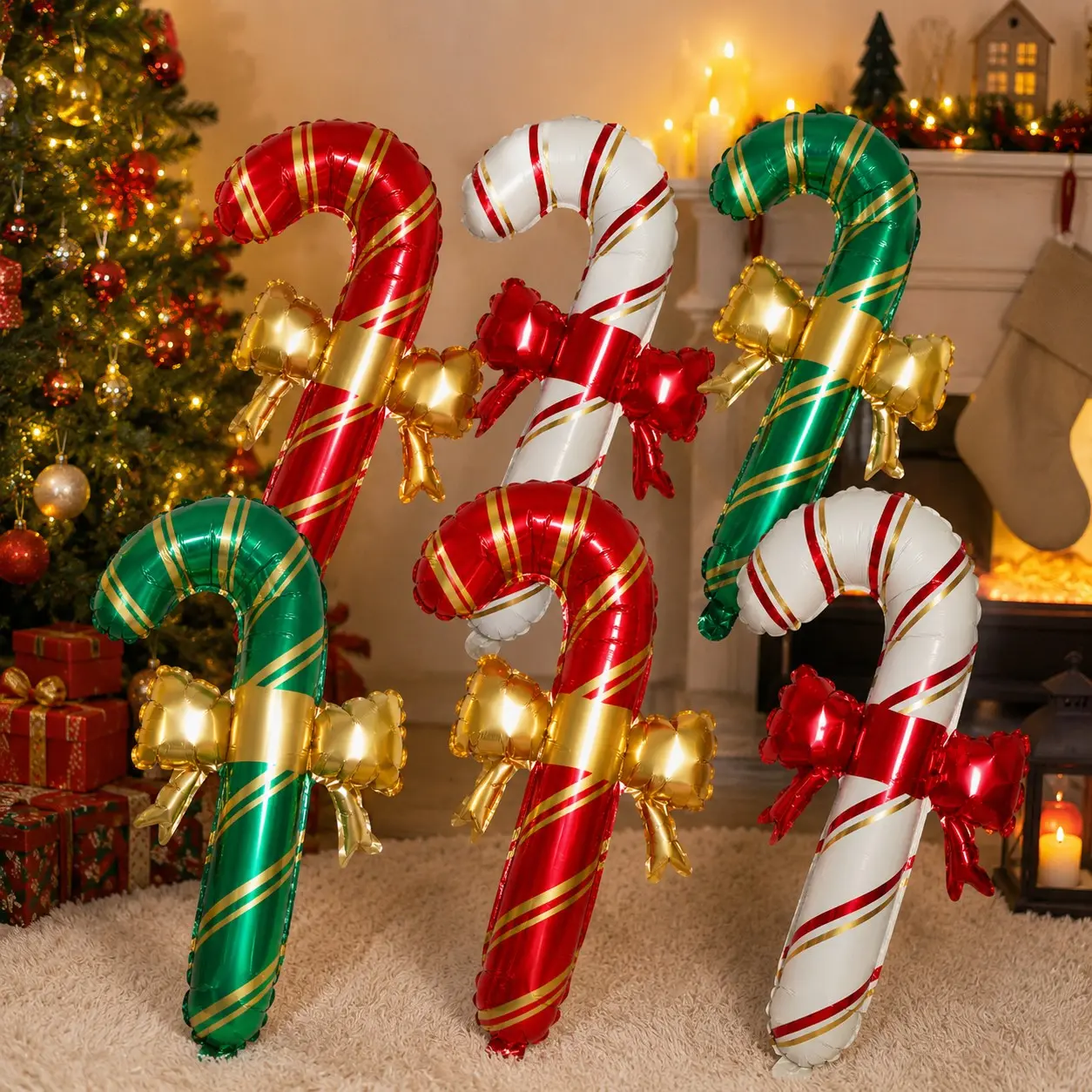 9/18PCS Giant Christmas Candy Cane Foil Balloons, Red White Green Candy Balloons with Bows, Festive Christmas Party Decor for Home, Xmas Tree & Holiday Decorations