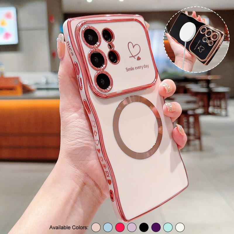OREKROY【Freeship】Case for Samsung S25 Ultra Plus S24 S23 S22 ,Soft Wave Frame Curly Shape Magnetic Cute Love Heart Plating Phone Case with Raised Camera Lens Protection,Compatible with MagSafe Wireless Charging, Shockproof Back Cover for Women Girls OREKROY【Freeship】Case for Samsung S25 Ultra Plus S24 S23 S22 ,Soft Wave Frame Curly Shape Magnetic Cute Love Heart Plating Phone Case with Raised Camera Lens Protection,Compatible with MagSafe Wireless Charging, Shockproof Back Cover for Women Girls