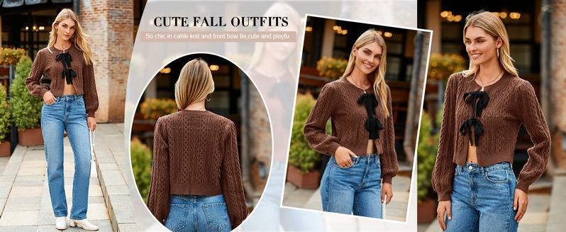 Saodimallsu Womens Cropped Cable Knit Cardigan Sweaters Long Sleeve Bow Tie Front Crew Neck Chunky Sweater Tops