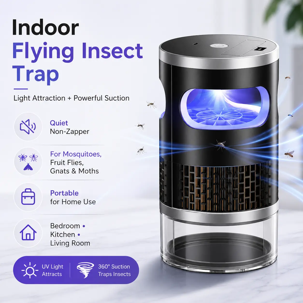 Indoor Flying Insect Trap with Light Attraction and Powerful Suction Fan, Quiet Non-Zapper Bug Catcher for Mosquitoes, Fruit Flies, Gnats and Moths, Portable Indoor Pest Control Device for Bedroom, Kitchen, Living Room and Home Use