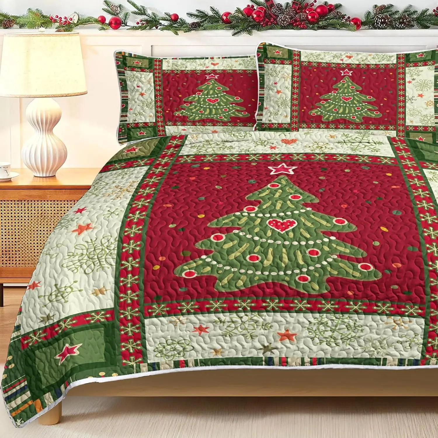 Comforter Set, Red Green Christmas, Queen 3-Piece| soft microfiber feel, with pillow shams, Tree Snowflakes Bedspread X96 Coverlet Summer print, for bedrooms, easy machine care