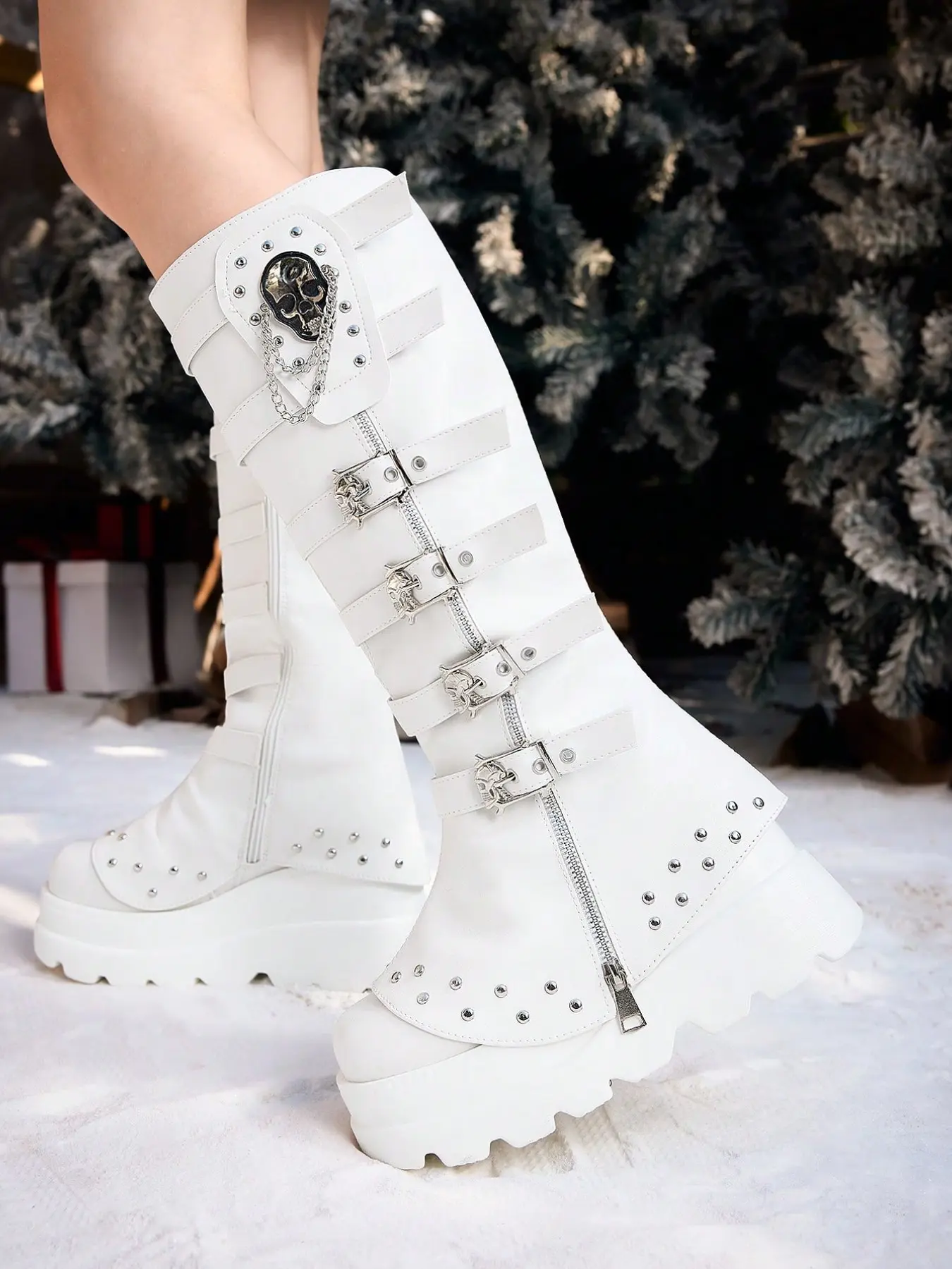 Women's Punk Style Knee-High Boots, Thick Platform, Warm Plush Lining, Side Zipper Rivet Skull Spring Shoes Gothic Boots