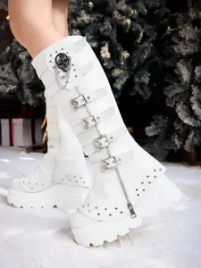 Women's Punk Style Knee-High Boots, Thick Platform, Warm Plush Lining, Side Zipper Rivet Skull Spring Shoes