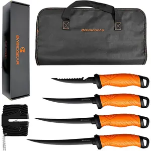 Fishing Fillet Knife Set of 4 – 5”, 7”, 8”, 9” 440C Stainless Steel Knives with Non-Stick Blades, Sheaths, Sharpener, and Carry Bag – Deboning and Filleting Tools for All Fish Types