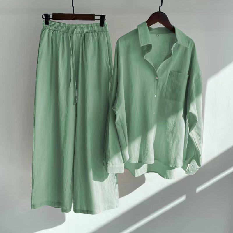 Ms. Xun's 2-piece Retro Plus Size 2026 Cotton Linen Shirt Set with High-waisted Loose Trousers