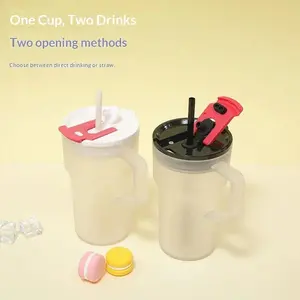 680ML Student Summer Frosted Tea Cup, Korean Style Large Capacity Handle Plastic Double Drinking Straw Cup, Ice King Water Cup